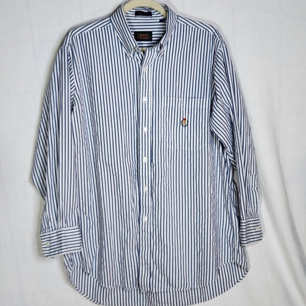 Chaps Ralph Lauren White Blue Stripe Cotton Crest Oxford LS Shirt Size 17 32/33